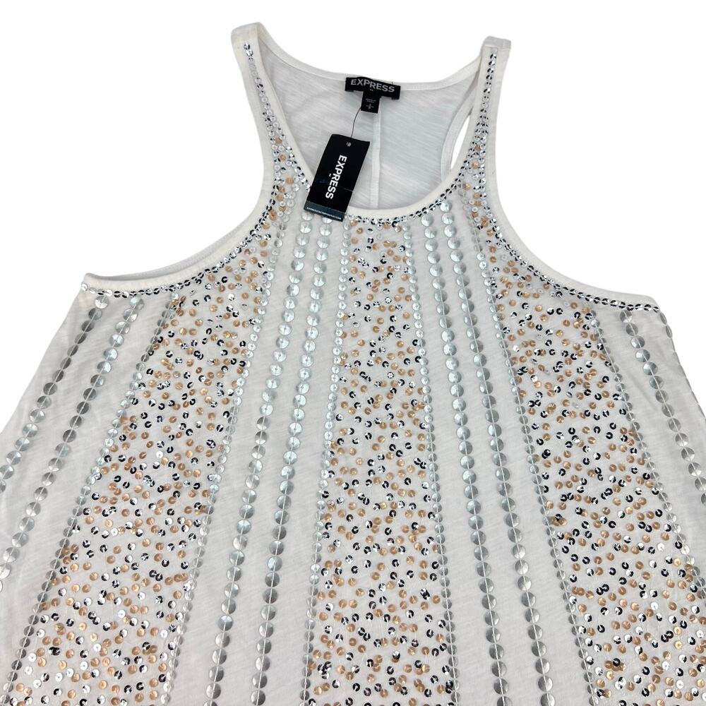 NEW Express Silver & Gold Sequin Flowy White Racerback Tank Top Small